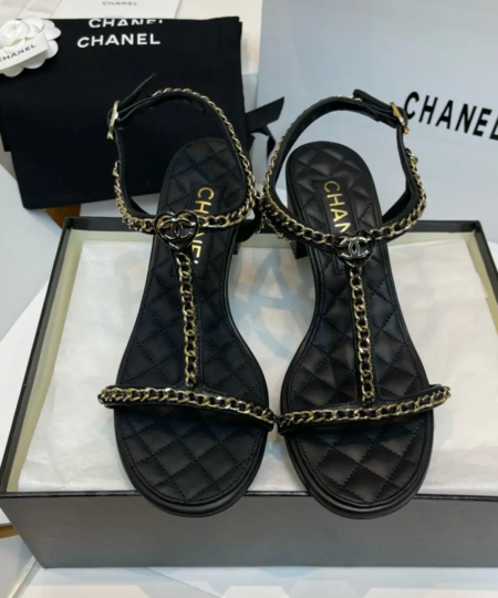 Chanel Leather Chain Small Square Heel Sandals