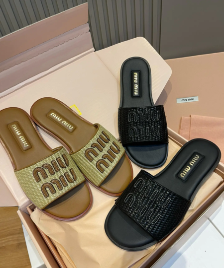 MiuMiu raffia woven letters logo slippers​