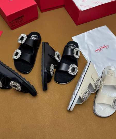 Roger Vivier's Rhinestone Leather Buckle Slippers Sandals