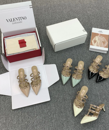 Valentino three-belt small heels and half-tugged high heels slippers