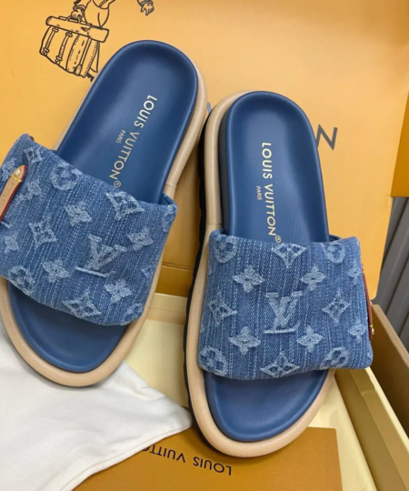 Lv Denim Grey Denim Thick-Soled Bread Slippers